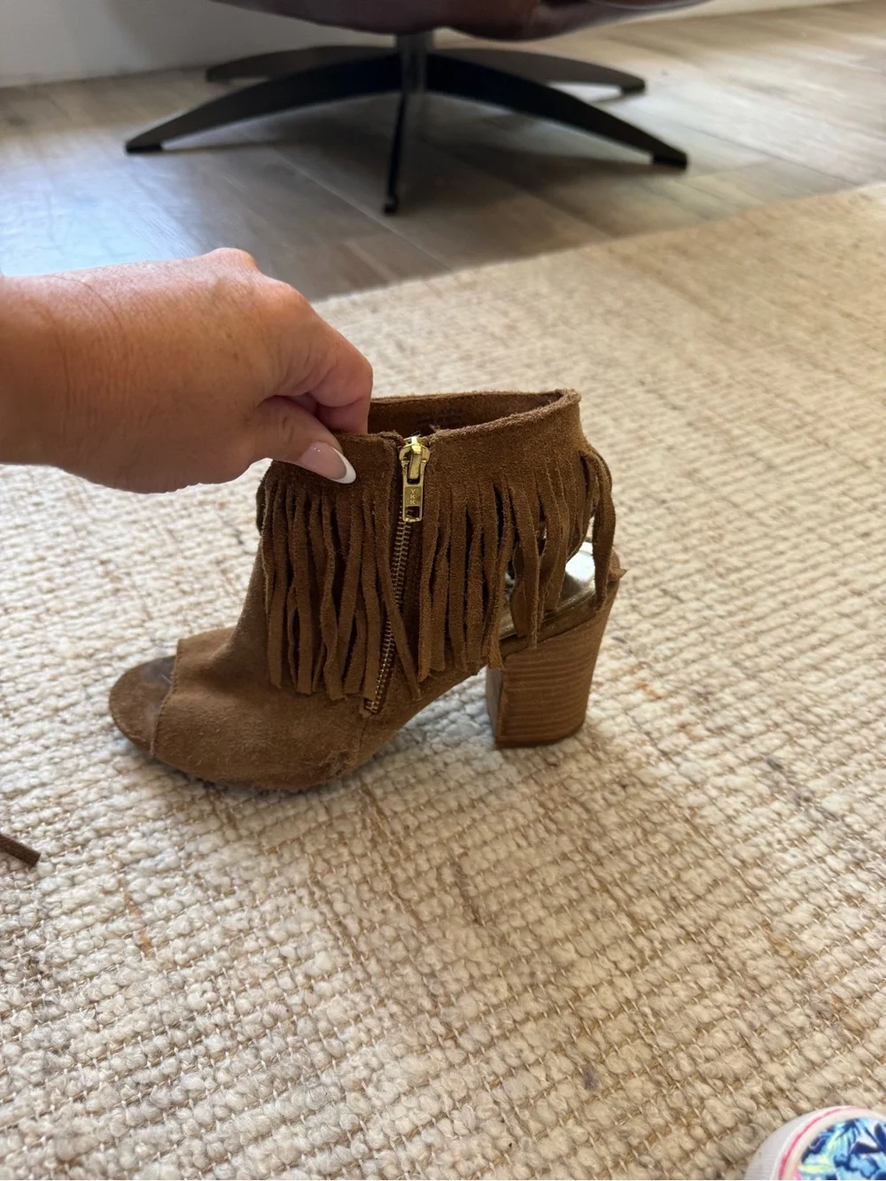 Fringe Peep-Toe Suede Ankle Boots - Brown